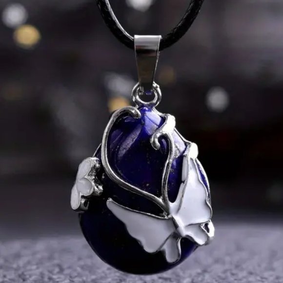 Lapis Lazuli Butterfly Pattern Water Drop Natural Stone Pendant Necklace - Picture 1 of 2